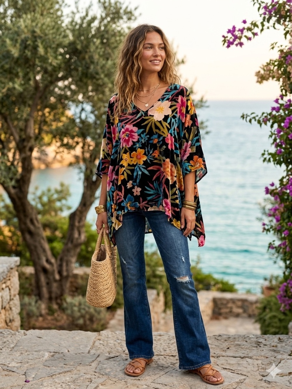 Johnny Was Silk Blend Burnout Velvet Floral Top - Size S Boho V-Neck